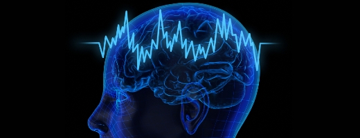 Computergenerierte halbtransparente Darstellung eine Kopfes, durch den das Gehirn zu sehen ist. Darüber eine Zackenkurve wie von einem EEG.