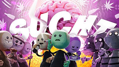 Titelbild für das Video "Wie entsteht Sucht im Gehirn?" mit den Charakteren im Vordergrund sowie einem großen Gehirn und dem Schriftzug "Sucht" im Hintergrund