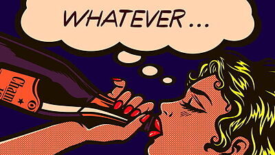 Comic im Pop-Art-Stil zeigt junge Frau, die eine Champagnerflasche ansetzt und die Denkblase "Whatever"