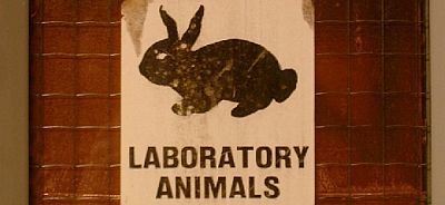 Schild mit abgebildetem Kaninchen, darunter steht "Laboratory Animals"