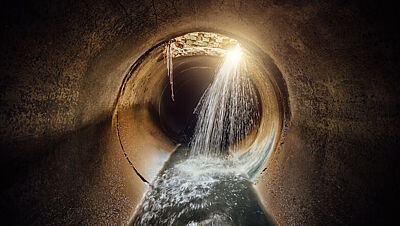 Innenaufnahme eines Wasserrohrs, in das Wasser einströmt