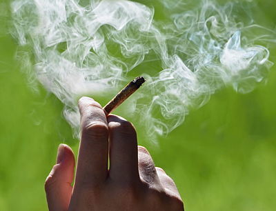 Hand hält rauchenden Joint vor grünem Hintergrund