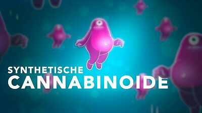 Screenshot aus dem Animationsvideo: Zu sehen ist der Schriftzug "synthetische Cannabinoide" und einäuige, rosa Figuren, die vor türkisen Hintergrund schweben