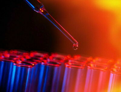 Pipette mit Tropfen über einer Reihe von Reagenzgläsern