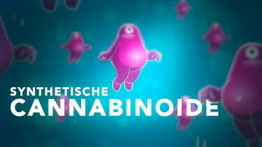 Screenshot aus Animationsvideo mit Schriftzug "synthetische Cannabinoide"