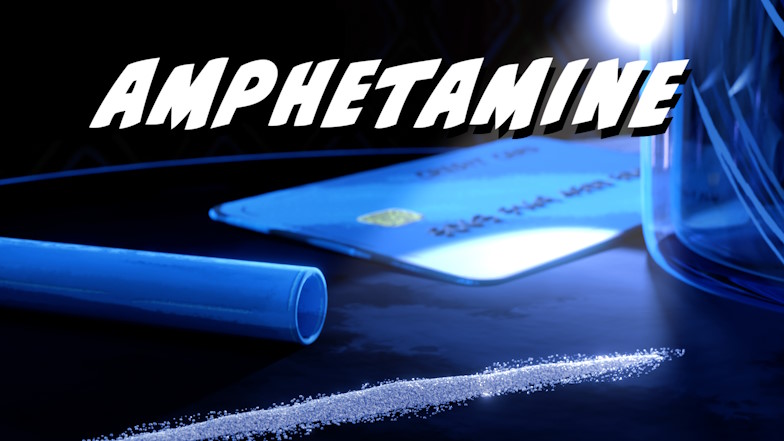 Grafik mit Pulverlinie, Röhrchen, Kreditkarte im Hintergrund und Schriftzug "Amphetamine"