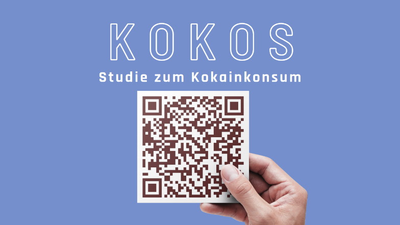 Hand hält QR-Code, darüber steht "Kokos - Studie zum Kokainkonsum"