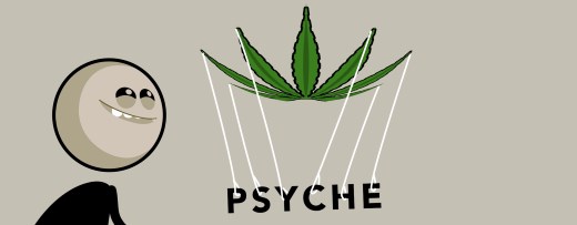 Animierte Figur steht vor Cannabisblatt, an dem das Wort 
