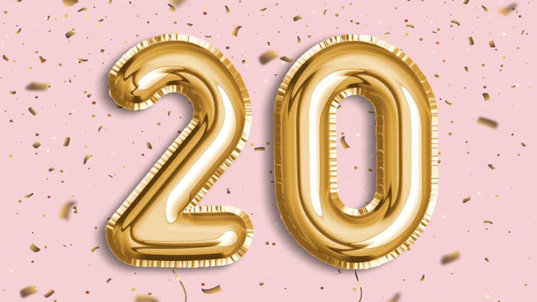 Von Konfetti umgebene goldene 20