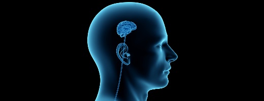 Zeichnung eines halbtransparenten Männerkopfes mit verkleinertem Gehirn vor schwarzem Hintergrund