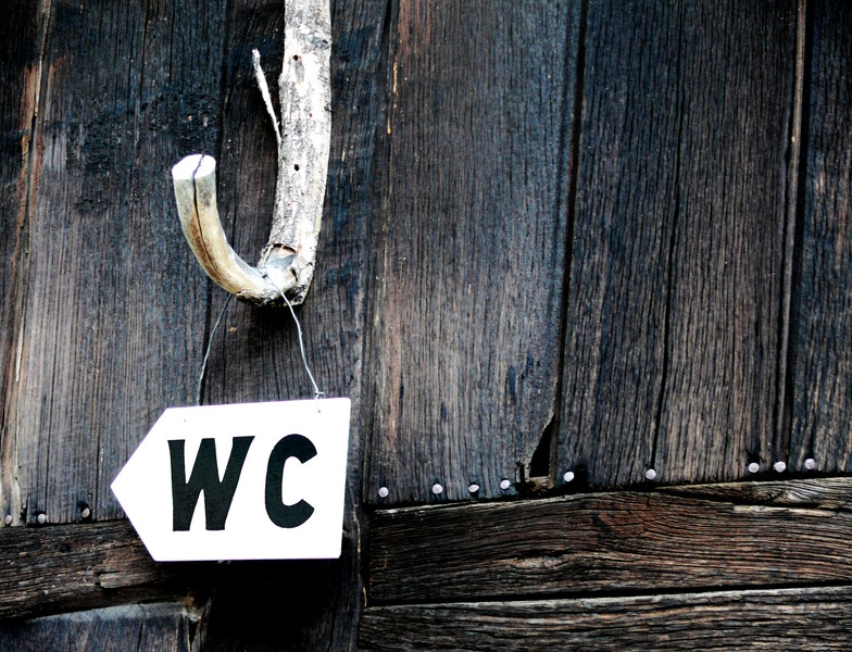 Schild mit Pfeil und Aufschrift "WC" an einem Haken an einer Holzwand