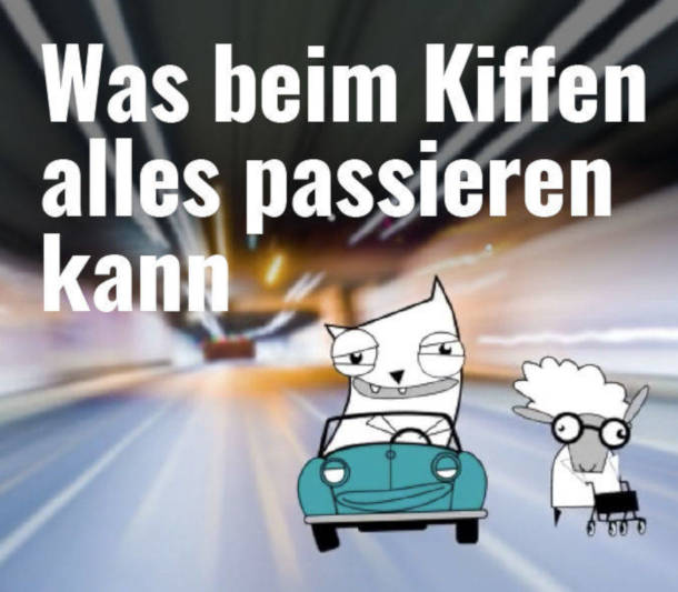 Screenshot aus der Animation mit der Figur in einem Auto, daneben eine ältere Dame, darüber der Schriftzug "Was beim Kiffen alles passieren kann"