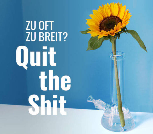 Banner zu Quit the Shit mit einer Bong, in der eine Sonnenblume steckt, darüber der Schriftzug "Zu oft zu breit?"
