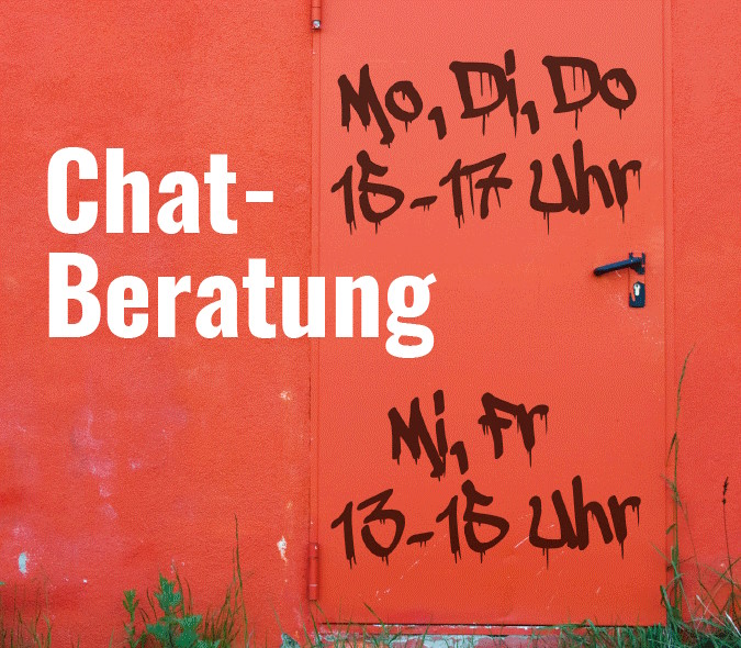 Rote Tür, auf der die Zeiten der Chat-Beratung stehen: Mo, Di, Do 15-17 Uhr und Mi, Fr 13-15 Uhr